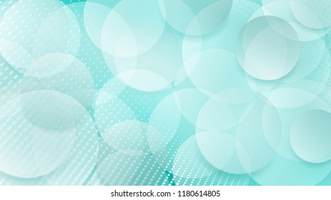 Abstract background of translucent circles and halftone dots in white and turquoise colors
