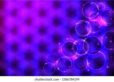 Abstract background, translucent circles with luminous highlights on a blurred purple background, place for text