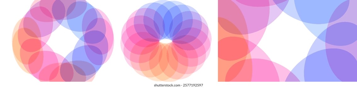 Abstract background with translucent overlapping coloured shapes. Modern design. Set of spheres. 3d vector illustration for brochure, banner, cover, card, flyer or presentation.