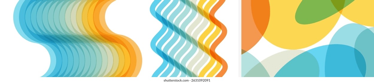 Abstract background with translucent overlapping coloured shapes.
Wavy background with dynamic effect. Modern screen design for mobile app and website. Vector for brochure, banner or presentation.
