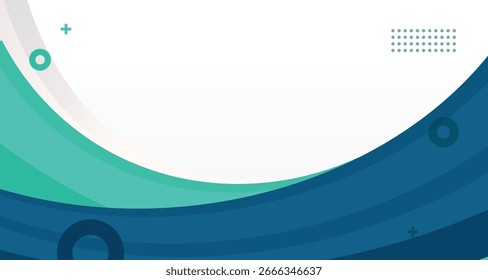 Abstract background with translucent teal, green and blue n colored waves on white background. Corporate or business presentation, banner, promotion. 21 to 9 aspect ratio.