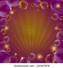 Abstract background, transparent bubbles and beams, violet and orange. Vector, eps10