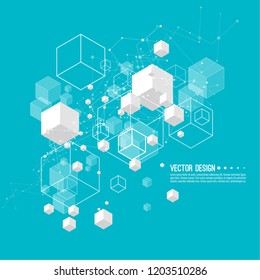 Abstract background with transparent cubes and hexagonal frames. Vector techno illustration.