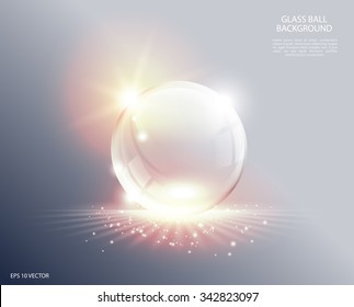 Abstract background. Transparent glass sphere on sunrise. Ball with soft spotlight