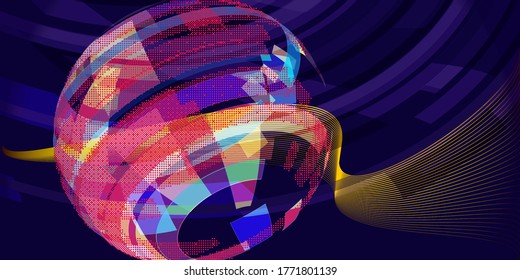 Abstract background with transparent sphere from color rectangles and points. Constructed sphere wireframe, technological , news or globe abstract banner. 