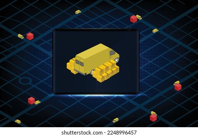 abstract background of  transport logistic truck van on mobile tablet app and maps route  navigation
