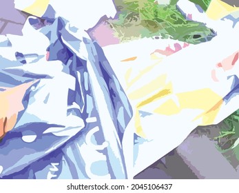 Abstract background with trash in blue and yellow tones. Crumpled paper or poster in light blue and yellow shades for creative compositions, prints, textiles, wallpaper, environmental concepts, etc.