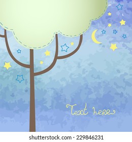 Abstract background with tree, moon and stars. Watercolor paint. Night theme. Can be used for card, invitation or some text.