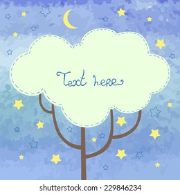 Abstract background with tree, moon and stars. Watercolor paint. Night theme. Can be used for card, invitation or some text.