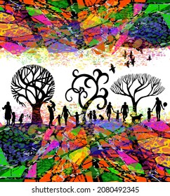 Abstract background with trees and family silhouettes. Vector illustration