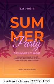 Abstract Background with Trendy Blur Gradient Palm Modern Typography. Bright Summer Party Poster Design Template. Tropical Summer Beach Sunset Banner Flyer Invitation Website. Beach Tropical Vector illustration. 