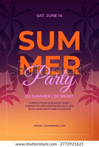 Abstract Background with Trendy Blur Gradient Palm Modern Typography. Bright Summer Party Poster Design Template. Tropical Summer Beach Sunset Banner Flyer Invitation Website. Beach Tropical Vector illustration. 