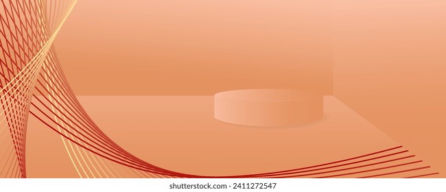 Abstract background in trendy color 2024 "Apricot Crush". Wavy lines and stand (podium, pedestal).