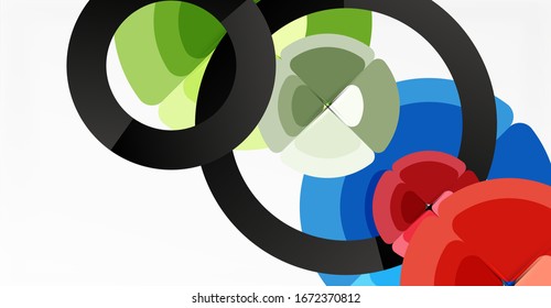Fundo abstrato, cores na moda círculos composição geométrica. Ilustração vetorial para papel de parede, banner, plano de fundo, cartão, ilustração de livro, página inicial