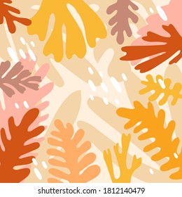 Abstract background with trendy organic shapes and leaves in autumn colors. Contemporary art backdrop design