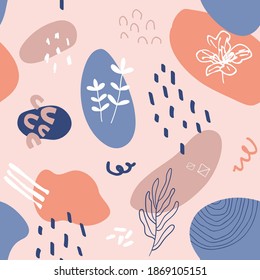 Abstract background in trendy style with botanical and geometric elements, textures. Natural earthy colors. . Vector illustration. Design for social media posts or web banners.
