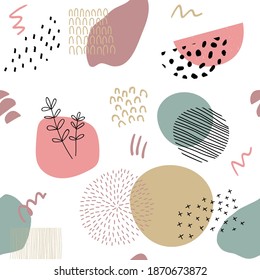 Abstract background in trendy style with botanical and geometric elements, textures. Natural earthy colors. . Vector illustration. Design for social media posts or web banners.