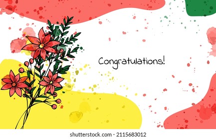 Resumen de fondo a la moda. Plantilla, banner, tarjeta, afiche. Dibujo manual. Flores al estilo de los garabatos. Color rojo claro, verde y amarillo. Fondo blanco. Ilustración vectorial.
