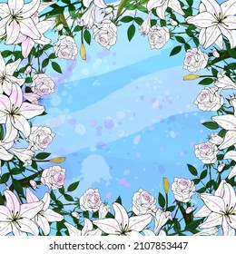 Abstract background in a trendy style. Wedding. Hand drawing. White roses. Flowers in the doodle style. White background. Vector illustration.