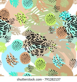 Abstract background. Trendy vector seamless pattern with hand drawn design elements in Memphis style. Great for cards, posters, banners, flyers, invitations, fabrics and more.