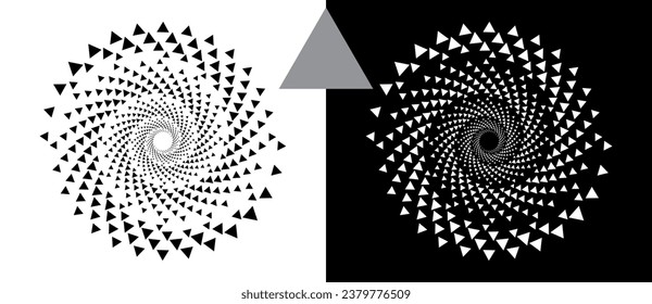 Abstract background with triangles in circle. Art design spiral as logo or icon. A black figure on a white background and an equally white figure on the black side.