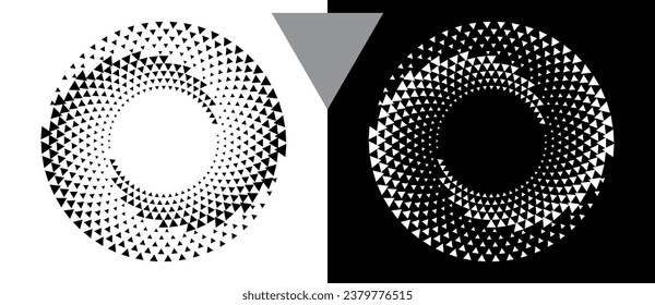 Abstract background with triangles in circle. Art design spiral as logo or icon. A black figure on a white background and an equally white figure on the black side.