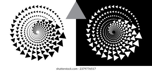 Abstract background with triangles in circle. Art design spiral as logo or icon. A black figure on a white background and an equally white figure on the black side.