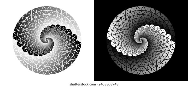 Abstract background with triangles in circle. Art design spiral as logo or icon. A black figure on a white background and an equally white figure on the black side.