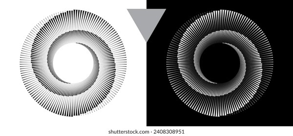 Abstract background with triangles in circle. Art design spiral as logo or icon. A black figure on a white background and an equally white figure on the black side.