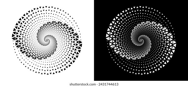 Abstract background with triangles in circle. Art design spiral as logo or icon. A black figure on a white background and an equally white figure on the black side.