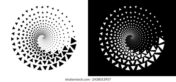 Fondo abstracto con triángulos en círculo. Espiral de diseño de arte como logotipo o icono. Una figura negra sobre fondo blanco y una figura igualmente blanca en el lado negro.