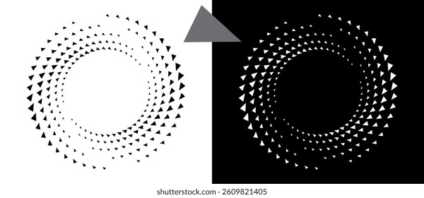 Abstract background with triangles in circle. Art design spiral as logo or icon. A black figure on a white background and an equally white figure on the black side.