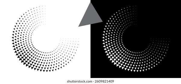 Abstract background with triangles in circle. Art design spiral as logo or icon. A black figure on a white background and an equally white figure on the black side.
