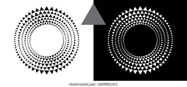 Abstract background with triangles in circle. Art design spiral as logo or icon. A black figure on a white background and an equally white figure on the black side.