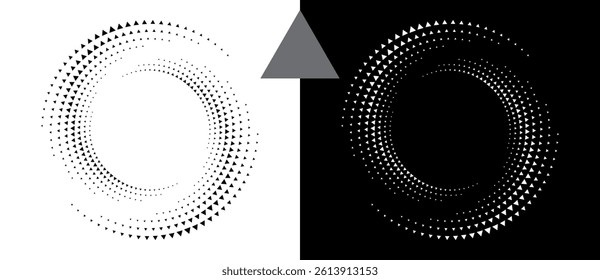 Abstract background with triangles in circle. Art design spiral as logo or icon. A black figure on a white background and an equally white figure on the black side.