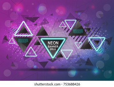 Abstract background with triangles flying in the air with blue neon lights on a purple abstract explosion background vector illustration