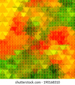 Abstract background with triangles and half tone dots. Garden flowers blurred picture for web and mobile design. 