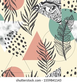 Abstract background with triangles, marble and tropical leaves.