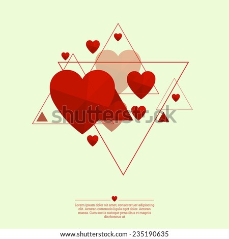 Abstract background with triangles and red hearts. 