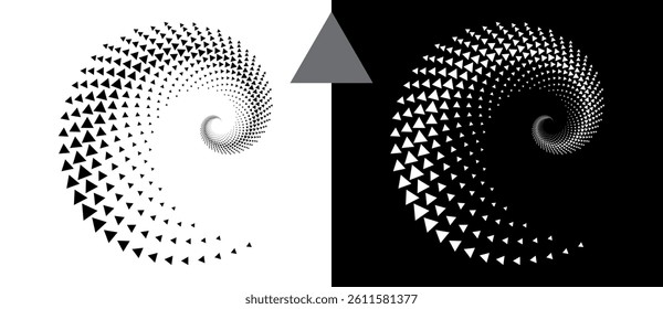 Abstract background with triangles in spiral. Art design spiral as logo or icon. A black figure on a white background and an equally white figure on the black side.