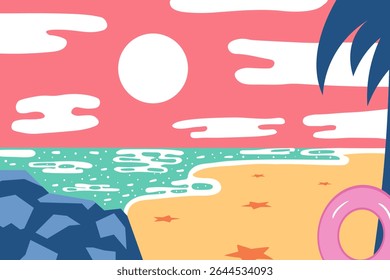 Abstract background with tropical beach view, with inflatable ring leaning against palm tree. Vector illustration in flat style