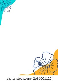 Abstract background with tropical leaf outline of monstera and hibiscus flower on corner border illustration