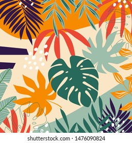Abstract background with tropical leaves and bright plants on beige background. Print of the jungle. Vector design. On a floral background. Textiles and printing. Exotic, tropical.