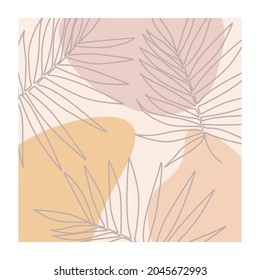 Abstract background with tropical leaves drawn by one line. Outline drawing. The art of minimalism. Suitable for home decor, posters, wall art, prints, stickers, mobile phone cases. Vector .
