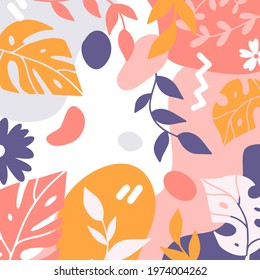 Abstract background of tropical leaves. Flat style. Vector illustration.
