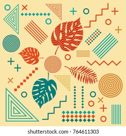Abstract background with tropical leaves and geometric elements. Vector illustration