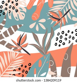 Abstract background with tropical leaves. Vector design. Flat jungle print. Floral background.