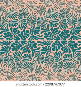 Abstract background with tropical palm leaves in Matisse style. Vector seamless pattern with Scandinavian cut out elements.