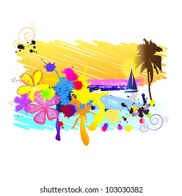 Abstract background, tropics with palm trees, the yacht and flowers