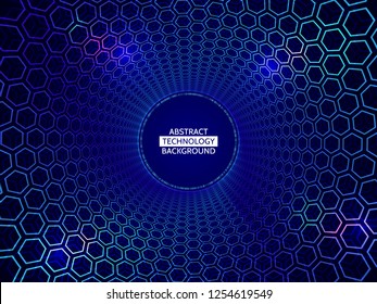 Abstract background tunnel of spheres and hexagons.   Perspective circle with the effect of glow and glare. vector illustration